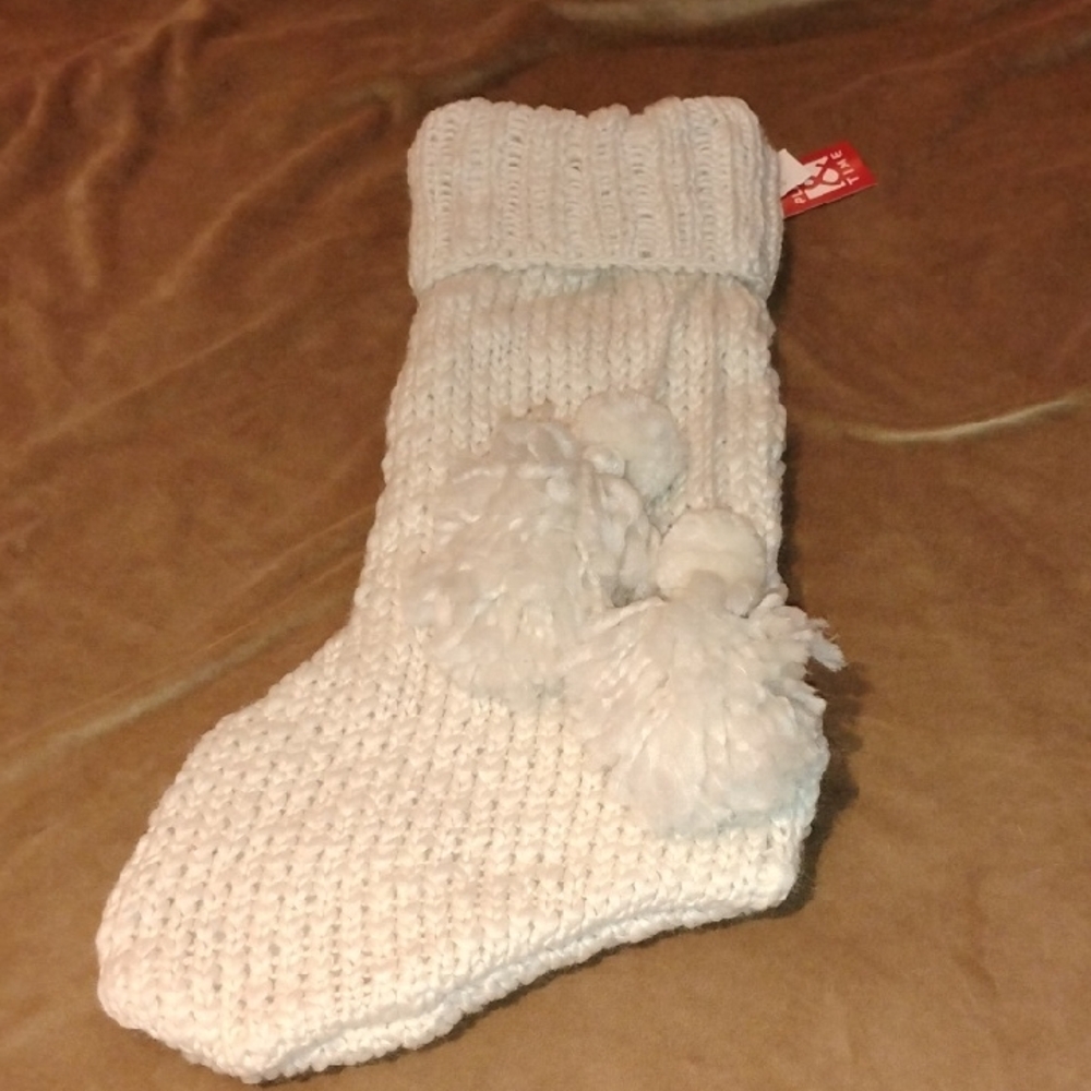 Cozy Cream Holiday Stocking with Pom Poms